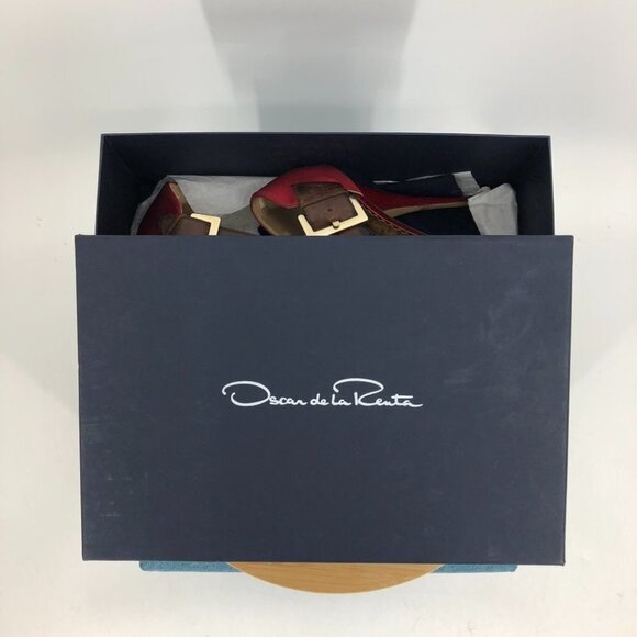 Oscar De La Renta Red Satin  Brown patent leather buckle Platform Stilettos 37 - Picture 2 of 14